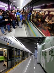 Metro lines 16 (above) and 12 open Sunday to waiting passengers. The passenger volume of Line 16 was 36 percent higher than Line 12 as of 1 pm. The opening of the lines gave Shanghai the most extensive subway system in the world. Photo: Yang Hui/GT